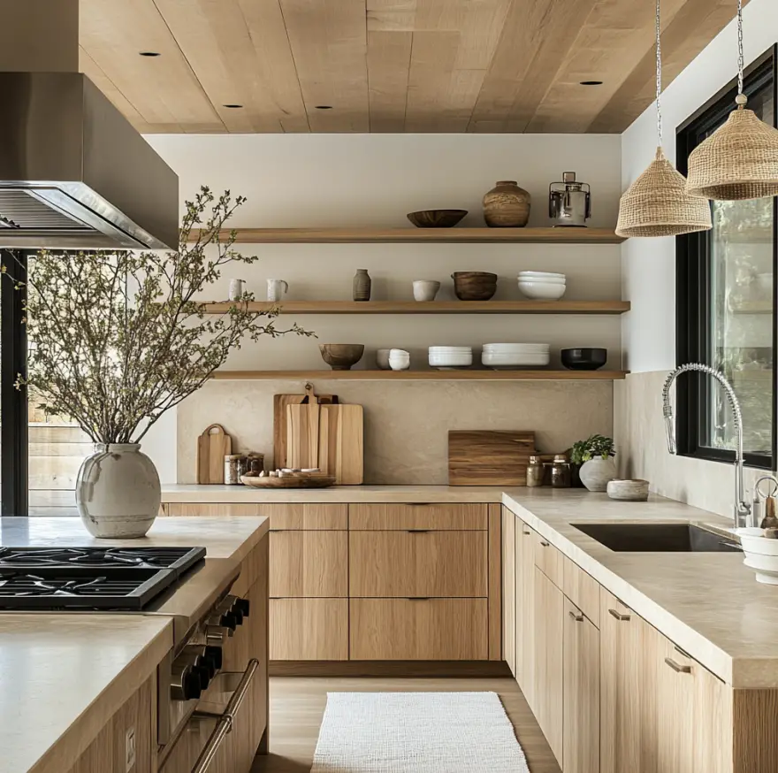 Light and airy kitchen with all natural wood cabinetry.